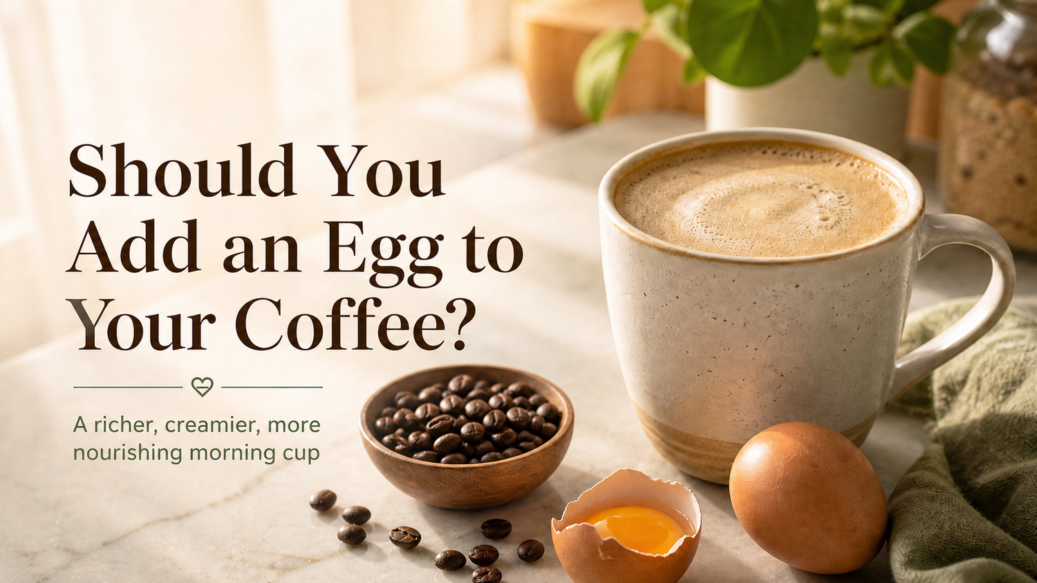 Creamy egg coffee in a ceramic mug with coffee beans, a whole egg, and a cracked egg yolk on a warm kitchen counter.